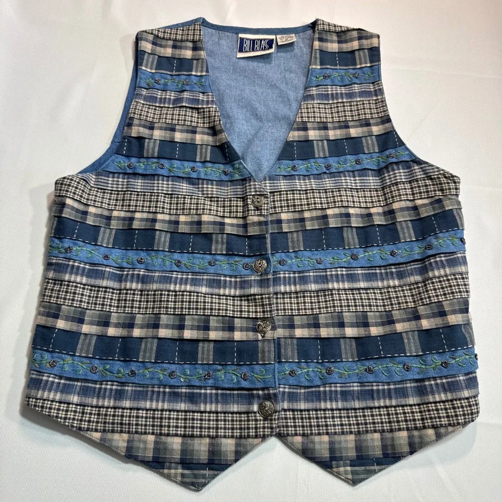 Vintage Coastal Grandma Patchwork Plaid Medium Jeans Denim Embroidered Vest Blue